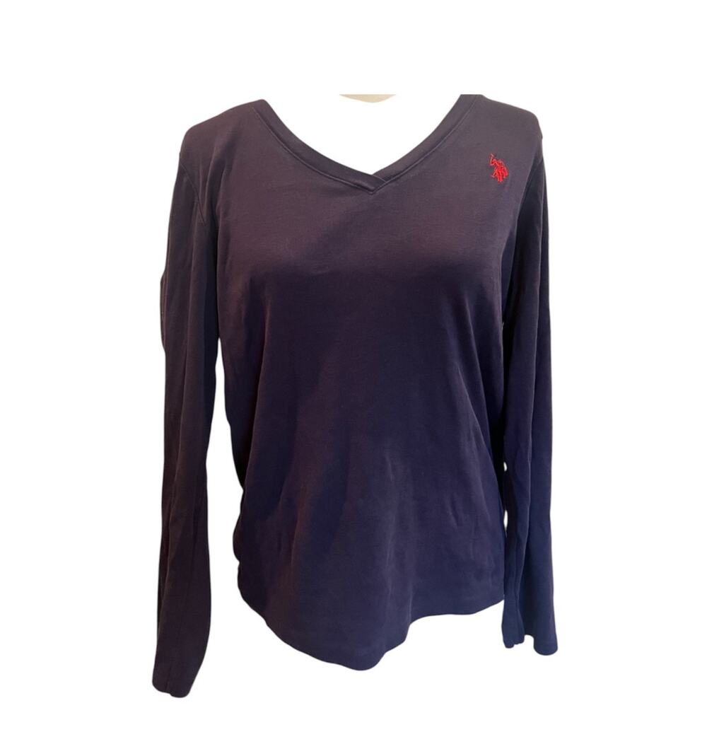 U.S. Polo Assn. Women's Navy Blue Long Sleeve V Neck Cotton Shirt Large Classic